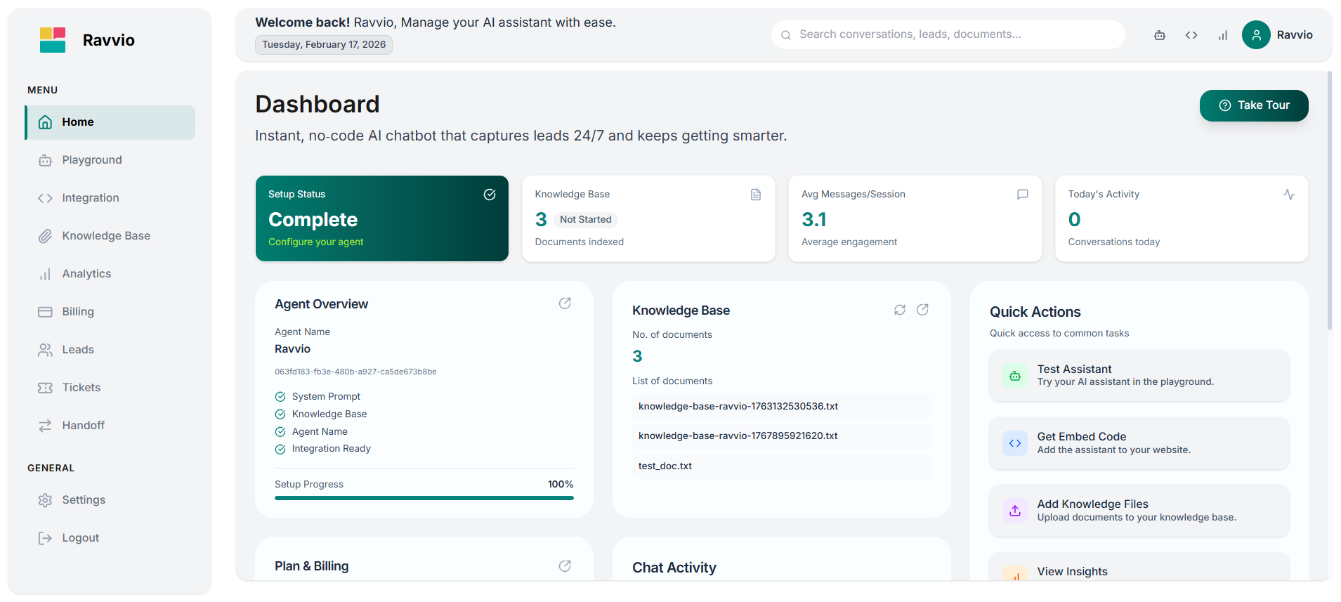 Ravvio Assistant chat interface with suggested prompts